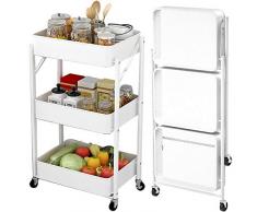HUOJIANTOU Carrello Cucina Pieghevole 3 Piani Salvaspazio Carrello Stretto, con Ruota Universale di 360 Gradi Installazione Gratuita Carrellino per Cucina Bagno Cantina (Color : White)