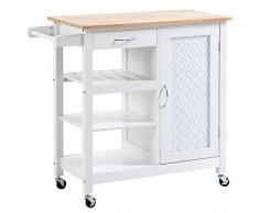 homcom Carrello da Cucina con Ruote, Credenza Cucina Salvaspazio con 1 Cassetto, 1 Armadietto, 1 Ripiano Aperto a 3 Livelli e 1 Portasciugamani, in MDF e Acciaio, 92x40x84 cm, Bianco
