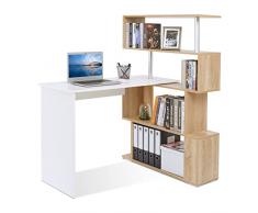 Meerveil Scrivania per Computer a Forma di L, Scrivania ad Angolo, Con Scaffale Girevole a 360 Gradi Per Lufficio e lo Studio, 157 x 45 x 130.5 cm, Bianco e Legno