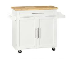 homcom Carrello da Cucina con Cassetto, Portaspezie e Armadietto, 4 Ruote e Piano di Lavoro in Legno, 109x40x89cm, Bianco