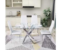 GOLDFAN Set Tavolo da Pranzo Classico in Vetro Temperato con Gambe Cromate Tavolo da Cucina Moderno e Quattro Sedie in PU per Sala da Pranzo (110 x 70 cm) (Bianca)