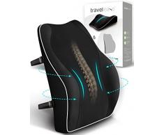 Travel Ease Cuscino Lombare Ergonomico, Supporto per la Schiena in Schiuma di Memoria per Seggiolino Auto Sedia da Ufficio, Schienale con Rivestimento Antistatico e Doppie Cinghie Regolabili, Nero