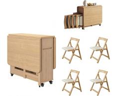 Tavolo e sedie pieghevoli, tavolo a goccia, tavolo da pranzo e sedie set 4, tavolo salvaspazio e sedie Tavolo allungabile in legno, ruote mobili regolabili (colore legno140 x 80 cm)