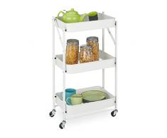 Relaxdays Carrello da Cucina a 3 Ripiani, HxLxP: 77,5 x 45,5 x 29,5 cm, Pieghevole, a Ruote, 4 Ganci, in Metallo, Bianco, 90% Ferro 10% plastica, 1 pz