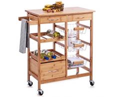 Bakaji Carrello da Cucina in Legno di Bambù con Ripiano Tagliere 2 Cassetti Portaposate Portastrofinacci Scomparto Portabottiglie 3 Ceste Portafrutta in Metallo e 4 Ruote Girevoli Carrello da Portata Portavivande Casa Dimensione
