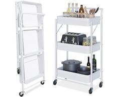 Dripex Carrello Portaoggetti Pieghevole a 3 Ripiani in Metallo con Ruote, Carrello Mobile per Cucina, Bagno, Ufficio, Lavanderia, Colore: Bianco