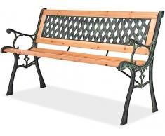 BAKAJI Panchina da Esterno Giardino con Struttura in Ferro Verniciato, Panca con Seduta Legno Naturale, Schienale Decorazione a Scacchi, Design Retrò, Arredamento per Esterni, 122 x 53 x 77 cm