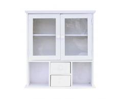 Rebecca Mobili Credenza sospesa, vetrinetta Bianca da Muro 2 cassetti 2 Ripiani, Legno e plexiglass, Stile Shabby Country, Cucina Salotto - Misure: 62 x 56 x 15 cm (HxLxP) - Art. RE4200