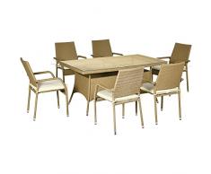 Outsunny Set da Giardino in Rattan da 7 Pezzi con Tavolo Rettangolare e 6 Sedie da Pranzo con Cuscini Imbottiti, Color Sabbia e Beige