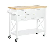 homcom Carrello da Cucina Salvaspazio in Legno, Carrello Portavivande Multiuso con 4 Ruote, 2 Cassetti e Ripiano, 108x45x89cm, Bianco