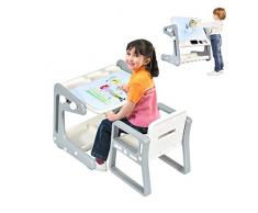 COSTWAY Set Tavolo da Gioco per Bambini con Sedia 2 in 1, Tavolo Magnetico Regolabile in Altezza, con Lavagna per Disegnare (Grigio)