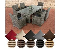CLP Fontana - Set di mobili da giardino in polyrattan con cuscini imbottiti | Set da giardino: 1 tavolo da pranzo con piano in vetro e 6 sedie, colore: grigio mélange