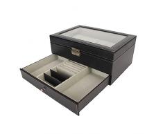 Brrnoo Organizer per Scatola Porta Orologi con Serratura, Pelle PU a 12 Scomparti, Vetrina per Gioielli a 2 Livelli, Coperchio in Vetro, Adatto per Luso in Esposizione, Posto