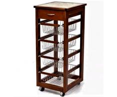 Carrello Cucina Slim in Legno di faggio 3 cesti e 1 cassetto Top Ceramica 4 Ruote girevoli casa Cucina Giardino (Noce)