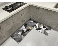 HZVRTN Tappetino da cucina antiscivolo, 2 pezzi, lavabile, con adesivo per chiebeadesivi, set di tappeti da cucina, antipolvere, motivo geometria nera