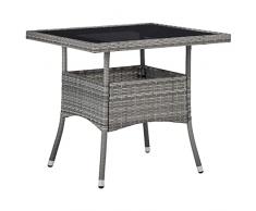 Annlera 80x80x75 cm Tavolo da Pranzo per Giardino in Polyrattan Grigio e Vetro Tavolino Da Caffè Tavoli Da Giardino Tavolino Balcone Tavolini Da Esterni Tavolo Rattan Per Uso Esterno Design Elegante