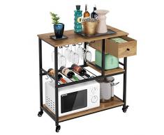 HOMECHO Carrello da Cucina con Ruote, Carrello di Servizio con 3 Piani e Cassetto, Mobile Portabottiglie Vino e Calici, per Cucina e Soggiorno, Marrone, 80 x 40 x 87.5 cm