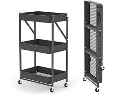 Palaklot - Carrello pieghevole a 3 ripiani da cucina con ruote girevoli, in metallo, salvaspazio, organizer per casa, facile da montare per cucina, bagno, ufficio, colore: nero
