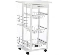homcom Carrello Isola da Cucina Salvaspazio in Legno di Pino, Carrello Portavivande con 4 Ruote Cassetto 3 Cesti Estraibili Portafrutta, Bianco