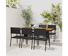 Tidyard Set 7 pz da Pranzo,da Giardino,per Esterno,in Polyrattan Nero,e Legno,Set Tavolo e Sedie da Giardino in Rattan,Set Tavolo e Sedie da Esterno,Tavolo Quadrato Legno e 6 Sedie da Giardino