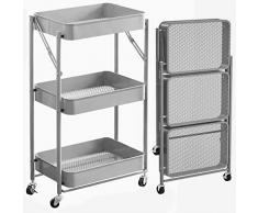BAKAJI Carrello Cucina Pieghevole con 3 Ripiani Cestelli 4 Ruote girevoli a 360 Gradi con Freno Integrato in Metallo Trolley Salvaspazio da Servizio Dimensioni 29 x 40 x 76 cm (Grigio)