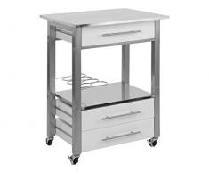 carrello da cucina su ruote in acciaio 3 cassetti in legno portabottiglie con 6 spazi e piano di lavoro in acciaio 60x50x84,50 cm