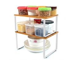 Ripiano salvaspazio Cucina stoviglie allungabile,Set da 2 ripiano in bambù,Portaspezie,Piatti Organizer-Bianco
