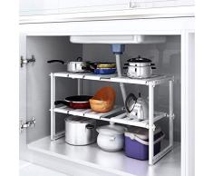 HOMFA Scaffale Sotto Lavello Stoviglie Lavandino Cucina, Mensola Regolabile Modulabile Salvaspazio, Regolabile 2 Ripiani per Cucina Bagno Sotto Lavello, 36(-66) × 26 × 38cm