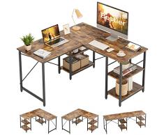 Bestier,Scrivania a forma di L, con ripiani da 200 cm, reversibile ad angolo o tavolo lungo per 2 persone, per casa, ufficio, con 3 fori per cavi, colore: marrone rustico