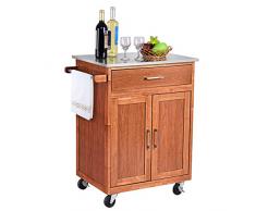 COSTWAY Carrello da Cucina Carrello di Servizio in Legno Tavola Acciaio, Scaffale da Cucina con Ruote, con Cassetto e Armadietto, Legno