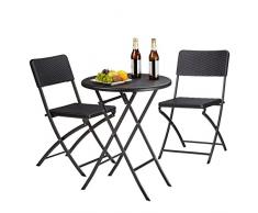 Relaxdays 10020758_46 Set Tavolo e Sedie da Campeggio BASTIAN, Pieghevoli, 3 Pezzi, Rattan, HxLxP 75,5x60x60 cm, Nero