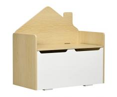 homcom Panca Contenitore Portagiochi per Bambini in Legno e Schienale a Casetta, 62.5x34x61.5cm, Bianco