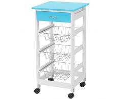 Bakaji Carrello da Cucina In Legno MDF Con 3 Cestelli in Metallo 4 Ruote Girevoli e Cassetto Portaposate Dimensioni 37x76cm Colore Bianco Azzurro