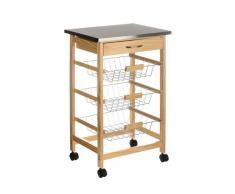 Premier Housewares 2403027 Carrello da Cucina, Legno di Pino, Piano in Acciaio Inossidabile, Cassetto, 3 Cesti Filo Metallico, Ruote