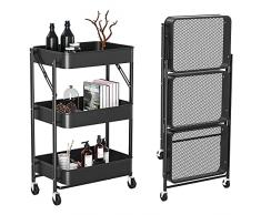 Carrello Portaoggetti a 3 Ripiani,Carrello da cucina pieghevole su Ruote,Mensola Portaoggetti Mobile con 2 Freni,Metallo Carrellino Salvaspazio per Cucina Bagno Lavanderia Sedili Stretti,Nero