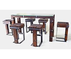 CHYRKA® Tavolo da Pranzo Bar Salotto Alto DROHOBYCZ Loft Vintage Bar IndustrieDesign Legno metallo vetro lavorato a mano (Tavolo 180x60 cm + 6 Sgabello)
