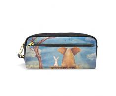 LUNLUMO Astuccio in pelle con elefante e coniglio che si siedono sulla panchina per cosmetici e trucchi, astuccio per penne