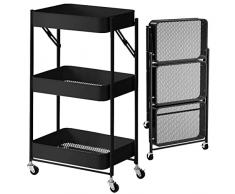 BAKAJI Carrello Cucina Pieghevole con 3 Ripiani Cestelli 4 Ruote girevoli a 360 Gradi con Freno Integrato in Metallo Trolley Salvaspazio da Servizio Dimensioni 29 x 40 x 76 cm (Nero)