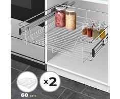 Jago Cassetto Estraibile per Cucina - Set da 2, per 60cm, con Ripiano, per Armadio, Max. 20 kg, 56x44x14 cm, Metallo Cromato - Cestello da Cucina, Cassetto Telescopico