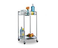 Relaxdays Carrello da Cucina Rotondo, Portavivande con 2 Ripiani a Specchio, Acciaio, con Rotelle, 75 x 50 cm, Argento