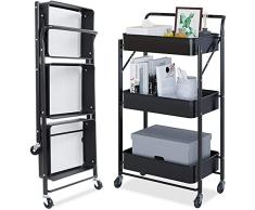 Dripex Carrello portaoggetti pieghevole, a 3 ripiani, in metallo, con rotelle, per cucina, bagno, ufficio, lavanderia, (nero)