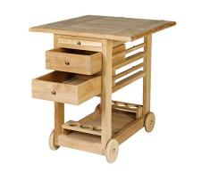 WODEGA Teak Legno Tee Carrello – Carrello portavivande Massiccio con Tavolo da Taglio, cassetti e Porta Bottiglie