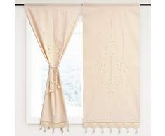 DOKOT Tenda da Cucina Ricamata in Cotone Bianco, Tenda da Caffè, Tenda da Sala da Pranzo con Bordo Nappato Alluncinetto (70x150cm Beige 1 Solo Pannello)