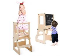 OESSUF Torre di Apprendimento per Bambini, 4 in 1 Aiutante Cucina Torre Montessoriana con Lavagna, Regolabile in Altezza, Sgabello Trasformabile in Tavolo e Sedia per Bambini