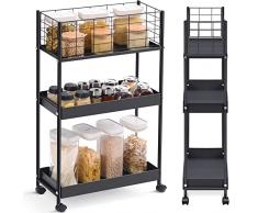 APEXCHASER Carrelli con cassetti, Carrello da Cucina a 3 Livelli,Carrello Cucina con Ruote, Carrello Portaoggetti in Metallo,Carrellino Salvaspazio,Carrello Cucina per Cucina Soggiorno Bagno,Nero