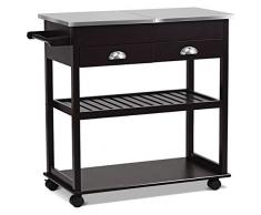 GIANTEX-Carrello da Cucina, Carrello con Piani, Piano di Lavoro con Ruote, Carrello Portavivande con 2 Cassetti, in Acciaio Inox e Legno Durevole, Carrello Multiuso per Cucina (marrone scuro)