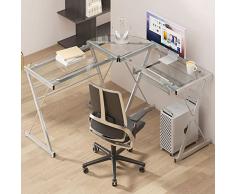 SogesHome Scrivania ad Angolo in vetro, Scrittorio per Studio, Scrivania per Computer con ripiano, Tavolo a Forma di L, Salvaspazio,per Casa e Ufficio,