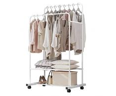 Unho Stand Appendiabiti da Terra bianco, porta abiti da camera con ruote stand appendiabiti autoportante Canne Doppie armadio aperto guardaroba scaffalatura stender appendiabiti per negozi in ferro
