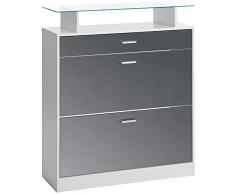 ts-ideen Scarpiera Salvaspazio 90x104 cm in Bianco e Grigio Stile Moderno con Due comparti ad Anta Basculante e mensola Superiore in Vetro