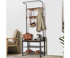 BAKAJI Attaccapanni Appendiabiti 9 Ganci Struttura in Metallo con Panca Scarpiera 2 Ripiani Porta Scarpe Seduta in Legno MDF Scuro Design Moderno Industriale Dimensione 73 x 34 x 183 cm